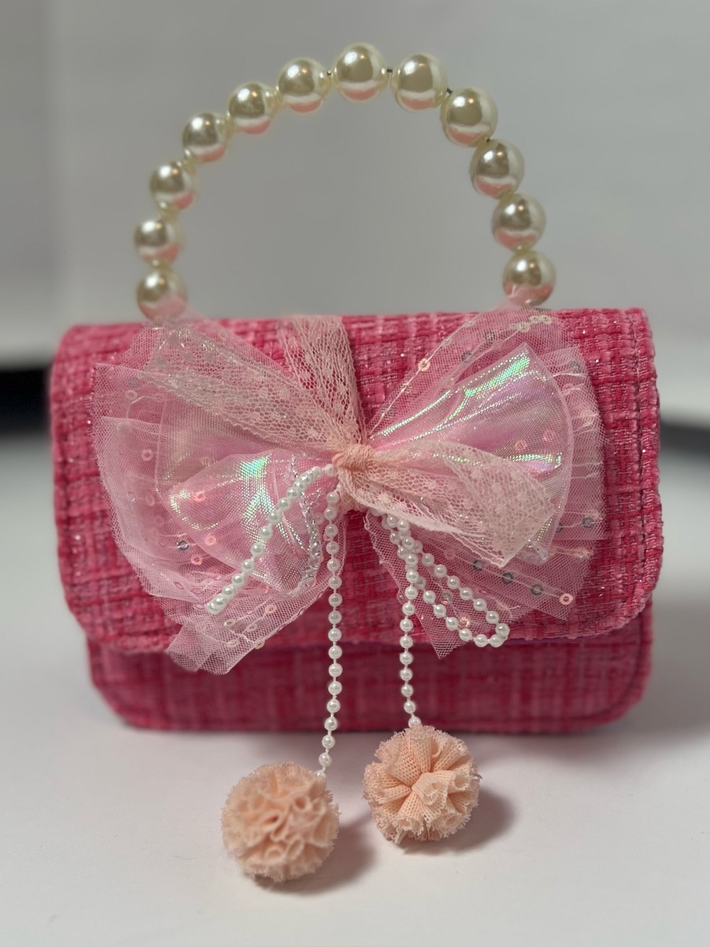 NWOT Girls Pink Tweed Pearl Handle Bow Mini Crossbody Purse